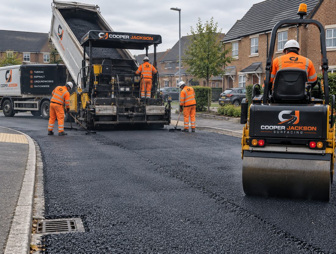 Cooper Jackson Surfacing paver, roller and crew laying asphalt on a residential road