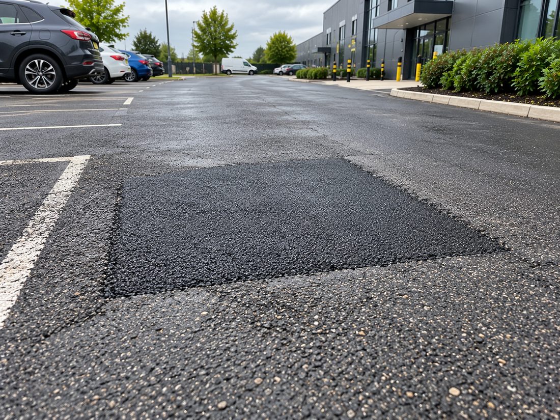 Completed hot-laid patch repair to a failed section of car park surfacing at a commercial site in Swansea